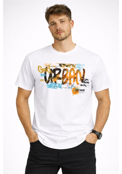 Herkesemoda Good Urban Yazı Detaylı Basic T-shirt Beyaz