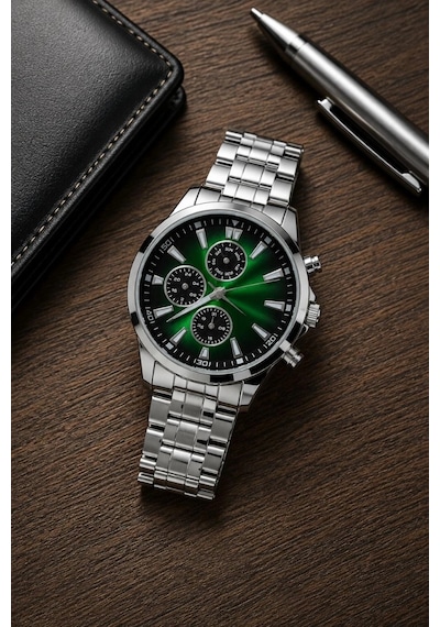 Erkek Gümüş Renk Metal Kordon Analog Kol Saati Takvim Göstergeli Yeşil Siyah Kadran - Gümüş Çok Renkli 61344954