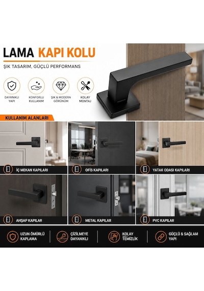 Lama Premium Siyah Kapı Kolu Modern Mat Siyah Oda Kapısı Kolu Dayanıklı İç Kapı Kolu