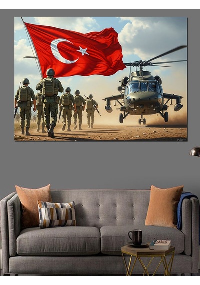 Ahşap Tablo Türk Bayraklı Askerler Ve Helikopter