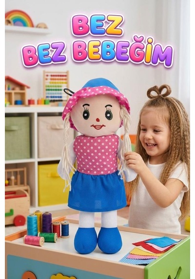 Fatma Bebek 48cm Büyük Puantiye Desenli Elbiseli Ve Şapkalı El Yapımı Oyuncak Bez Bebek Mavi
