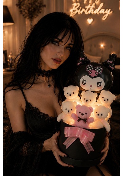 Kuromi Balonlu LED Işıklı Ayıcık Buketi - Peluş Hediye Kutusu Sevgiliye, Eşe Ve Kız Arkadaşa Hediye