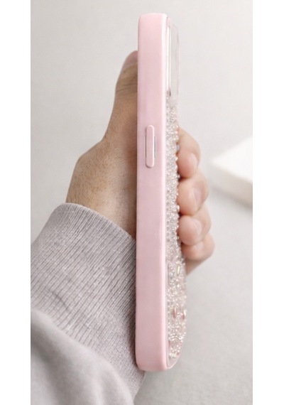 Apple Uyumlu iPhone 16 Pro Max Kiraz Figürlü Simli İnci Taşlı Lüx Silikon Kılıf Pembe