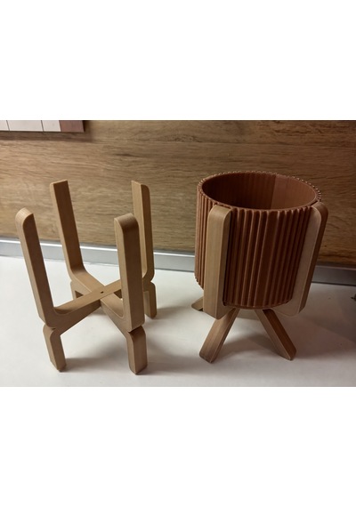 3d Baskı Ayaklı Çizgili Saksı - Bej Standlı Dekoratif Saksı - Kahverengi