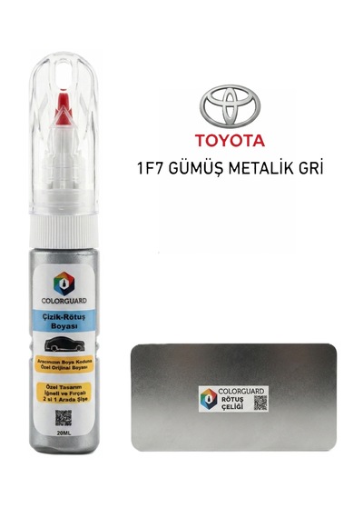 Toyota 1f7 Gümüş Metalik Gri İğneli Ve Fırçalı 2 Si 1 Arada Özel Tasarım Şişe Rötuş Boyası Ve Profesyonel Rötuş Çeliği Seti