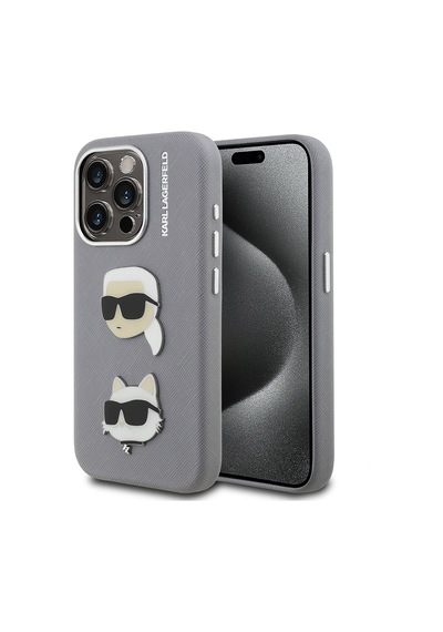 Apple Uyumlu iPhone 15 Pro Max Kılıf Karl Lagerfeld Lisanslı K&c Heads Pin Kapak Gri