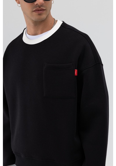 Vamos Bisiklet Yaka Cep Detaylı Oversize Sweatshirt Siyah