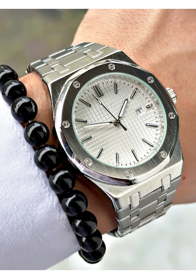 Özel Premium Lüks Seri Eşref Tek Saat Modeli Metal Kordon Takvimli Erkek Kol Saati-bileklik Hediyeli Gri