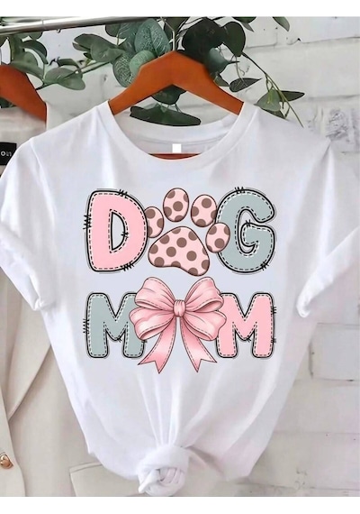 Kadın Dog Mom Baskılı Pamuklu T-shirt Beyaz