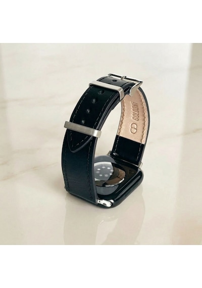 Apple Watch Uyumlu İnce Siyah Deri Kordon Metal Köprülü