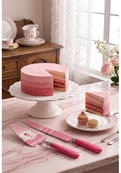 Rooc Cupcake Ve Kalp Desenli Pembe 2 Parça Pasta Servis Seti Renkli