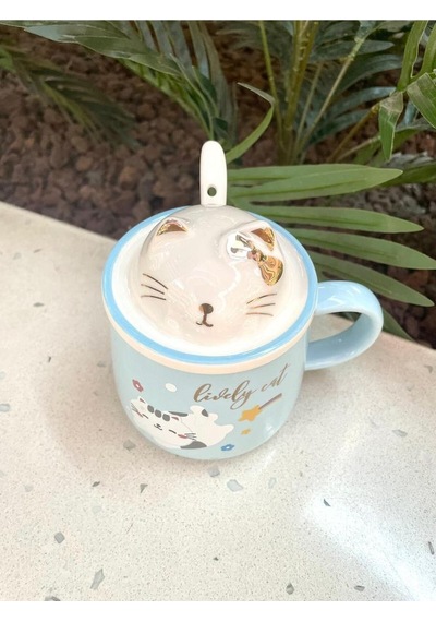Kawai 3d Kedi Kapaklı Kaşıklı Kupa Bardak Mavi