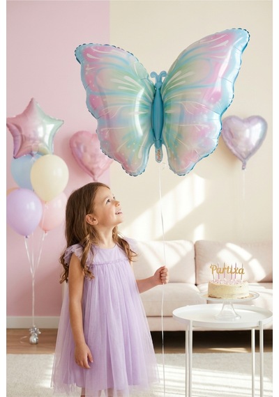 Pembe Mavi Kelebek Folyo Balon 82x52 Cm Kelebek Temalı Doğum Günü Parti Süsü Çok Renkli