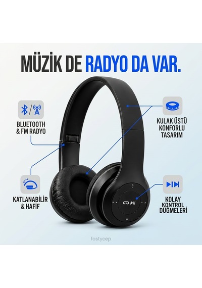 Kablosuz Bluetooth Kulak Üstü Kulaklık - Fm Radyo Özellikli, Hafif