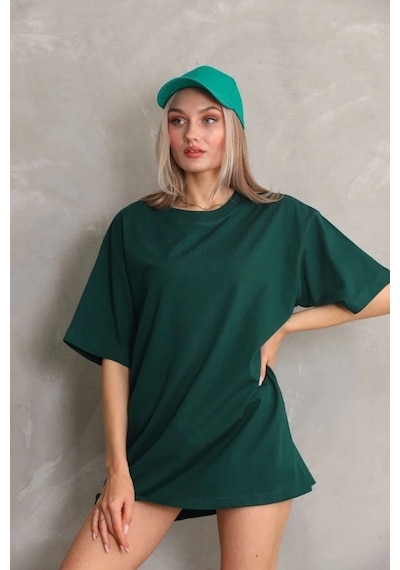 Tarzyeri Kadın Regular Fit Tişört Bisiklet Yaka Yazlık Kısa Kol Basıc T-shirt - Yeşil Çok Renkli