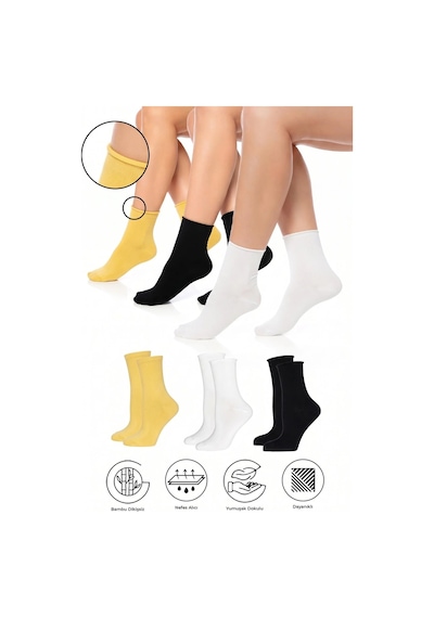 Saysez Bambu Kadın Lastiksiz Siyah-beyaz-sarı Soket Dikişsiz Premium Çorap 3'lü Paket / İz Bırakmaz / Sıkmayan Çorap Çok Renkli