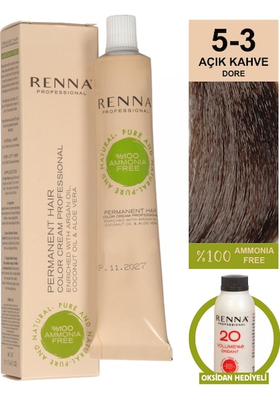 Renna Bitkisel Amonyaksız Saç Boyası 60 Ml 5-3 Açık Kahve Dore Oksidan Hediyeli