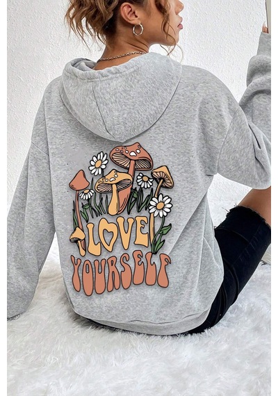 Uyguntarz Unisex Oversize Love Yourself Baskılı Sweatshirt Gri