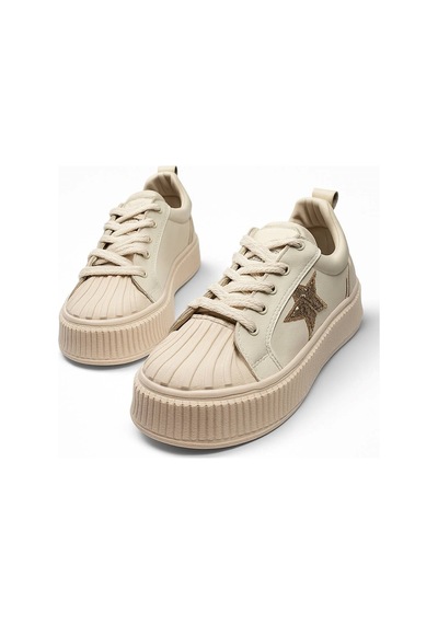 Günlük Kadın Sneaker Bağcıklı Yıldız Detaylı Yüksek Taban Simli Rahat Ayakkabı 7100 Bej