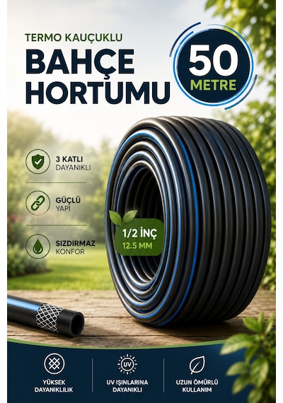 Termo Kauçuklu Bahçe Hortumu 50 Metre 3 Katlı Dayanıklı Su Sulama Ve Araç Yıkama Hortumu Diğer