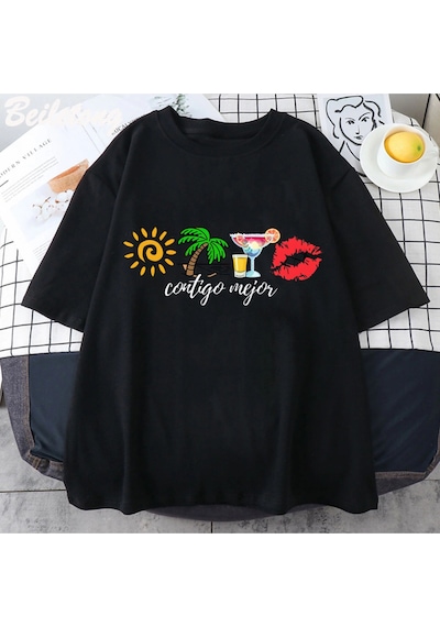 Tarzsokak Beyaz Bad Bunny Komik Baskı Harajuku Ullzang Sevimli Komik Tshirt Siyah