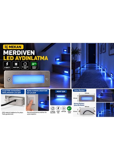 3 Watt, Sensörsüz Mavi Işık Ledli İç Çok Kaliteli Mekan Merdiven, Antre, Hol Aydınlatma Armatürü Krom