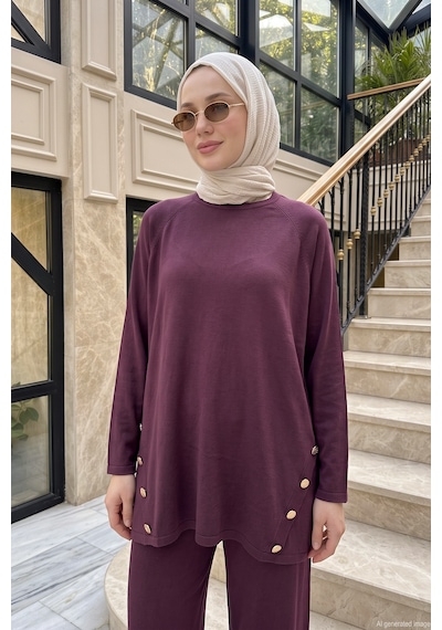 NUSS Düğme Detaylı Tunik Ve Pantolon Triko Takım 706 Bordo