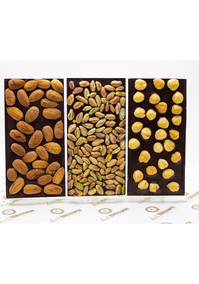 Dark Brown Tablet Bar Çikolata Gerçek Bitter Çikolata Badem Fındık ve Antep Fıstıklı 3 x 100 G