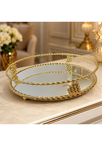 Gold Üzüm Motifli Aynalı Oval Dekoratif Tepsi Lüks Sunum Tepsisi
