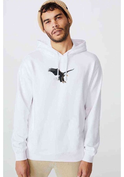 Kartal Eagle Bird Baskılı Beyaz Erkek Örme Kapşonlu Sweatshirt