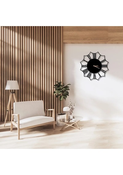 Metal Duvar Saati Çiçek Görünümlü Dekoratif Saat Siyah-46 X 46