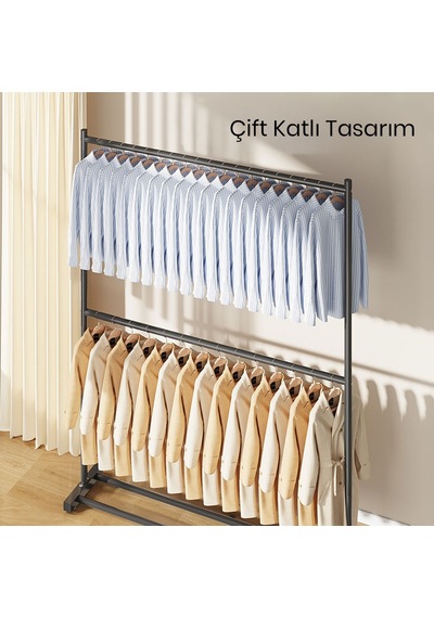 Vusıgn 2 Katlı Karbon Çelik Elbise Askısı Metal Kıyafet Askılığı 100x180 Cm Ahşap Rengi