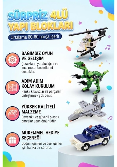 Sürpriz Yumurta 4'lü Set Dinozor Ve Araç Figürlü Yapı Blokları Eğitici Öğretici Parçalı Oyuncak
