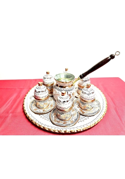 6lı Bakır Fincan Takımı,cezve,yuvarlak Tepsi