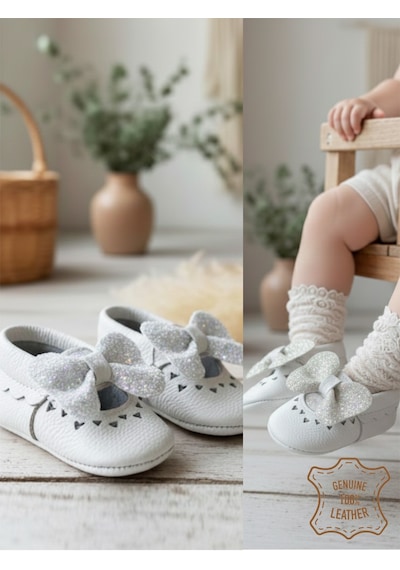 Denokids Kız Bebek Patik Hakiki Deri Taşlı Beyaz Yumuşak Taban Ayakkabı 17-21 Numara Renkli