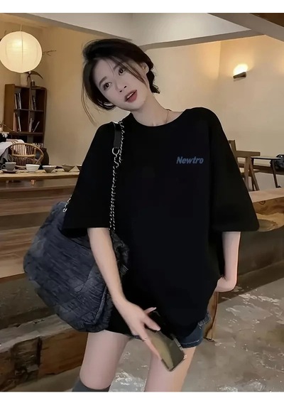 Wear Vexel Kadın Tişört Newtro Baskılı Oversize Bisiklet Yaka T-shirt - Siyah Siyah