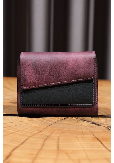 Lenax Leather Lena Hakiki Deri Kadın Cüzdan Nakit Para Gözlü, Bozuk Para Gözlü, 12 Kartlık Siyah - Mürdüm