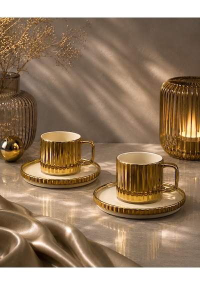 2 Kişilik Porselen Çizgili Modern Kahve Fincanı Takımı Seti 100ml Gold