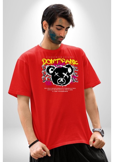 Panik Yok Teddy Pamuklu Bisiklet Yaka Unisex Oversize Boyfriend Dijital Baskılı Kırmızı T-shirt Kırmızı