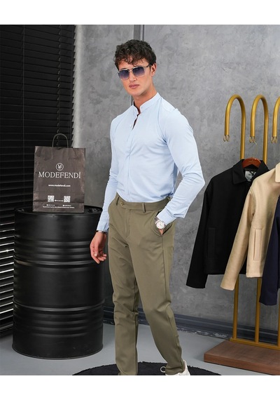 Modefendi %100 Pamuklu Slimfit Gizli Kanun Yaka Gömlek Mavi