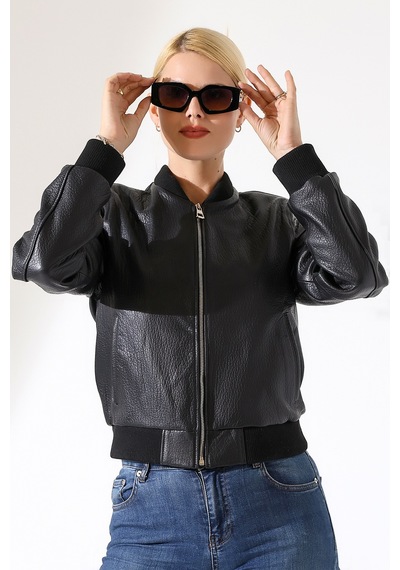 M M Marki Marki Kadın Hakiki Deri Ceket, Siyah, Pilot Model, 54 Cm, Fermuarlı, Kısa