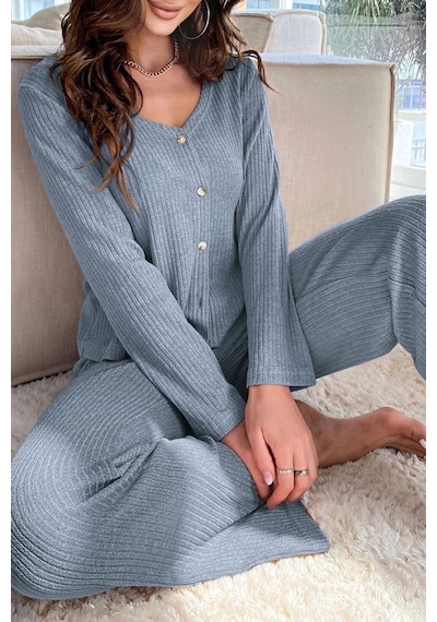 Bella Notte V Yaka Pamuklu Mavi Düğmeli Uzun Pijama Takımı