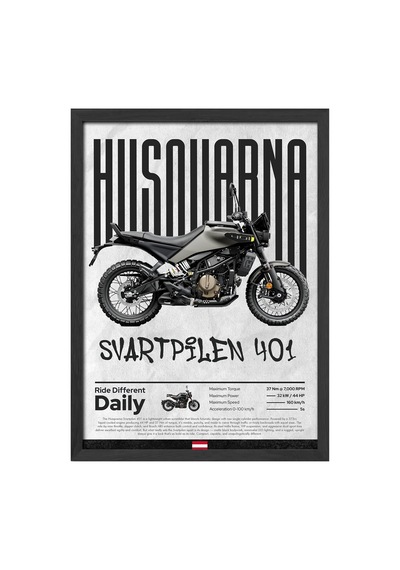 Husqvarna Svartpilen 401 Siyah Ahşap Çerçeveli Poster, Dekoratif Motosiklet Duvar Tablosu