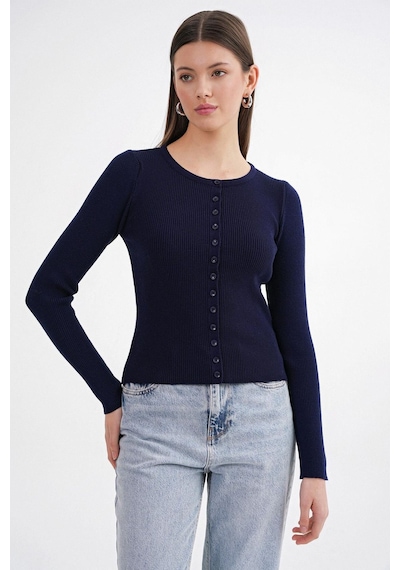 Hiccup Mixray Düğmeli Slim Fit Yivli Örgü Hırka Lacivert 05