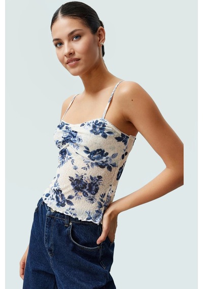 Ersefa İnce Askılı Çiçekli Crop Bluz Rahat Şık Ve Yazlık Polyester Örme Mavi