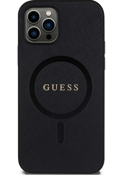 Apple Uyumlu iPhone 12 Pro Kılıf Guess Lisanslı Magsafe Şarj Özellikli Yazı Logolu Saffiano Classic Kapak Siyah