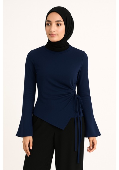 Elmoda Lacivert Sendy Kumaş Yan Bağcıklı Şık Bluz Lacivert Lacivert
