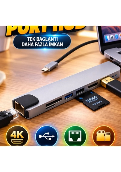 Type-c Çoklu Port Hub 4k Hdmı, Usb, Ethernet, Sd Ve Tf Kart Okuyucu