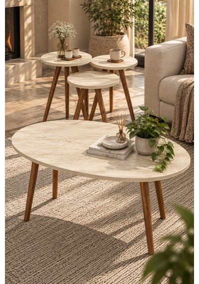 Sulorahome 4'lü Sehpa Seti Ahşap Ayaklı Sehpalar Beyaz Mermer Ayaklar Ceviz