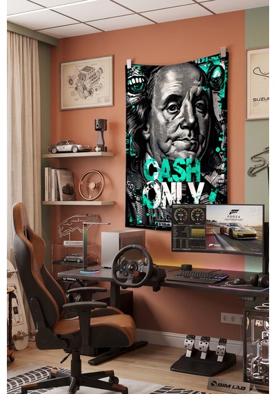 Cash Only Para Temalı Duvar Örtüsü, Modern Genç Odası Dekoru, Baskılı Kumaş Duvar Halısı Beyaz